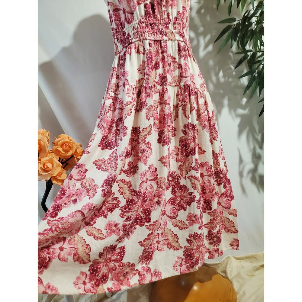 Old Navy Cami Smocked Tiered Floral Linen Blend Maxi Dress Size L Pockets Summer - Picture 6 of 13